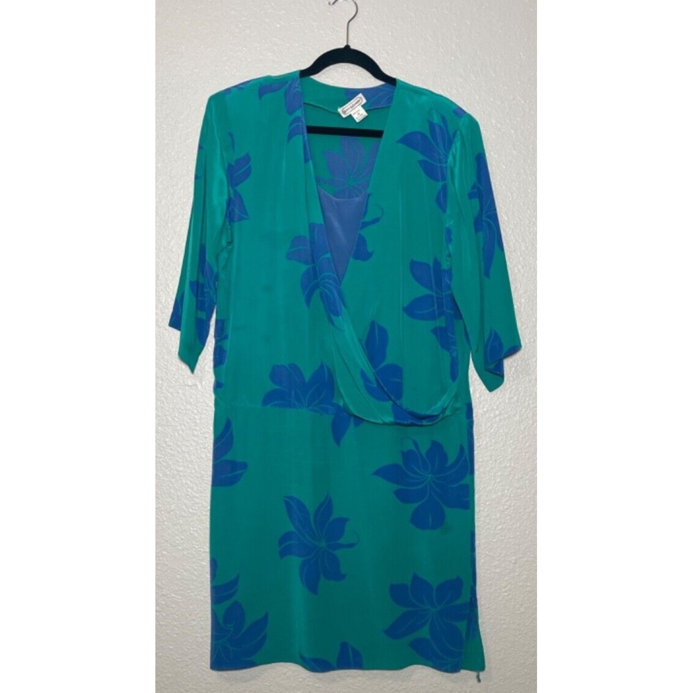 VTG Lauren Alexandra Silk Wrap Dress Women's 16 Blue Green Floral Retro *Spots